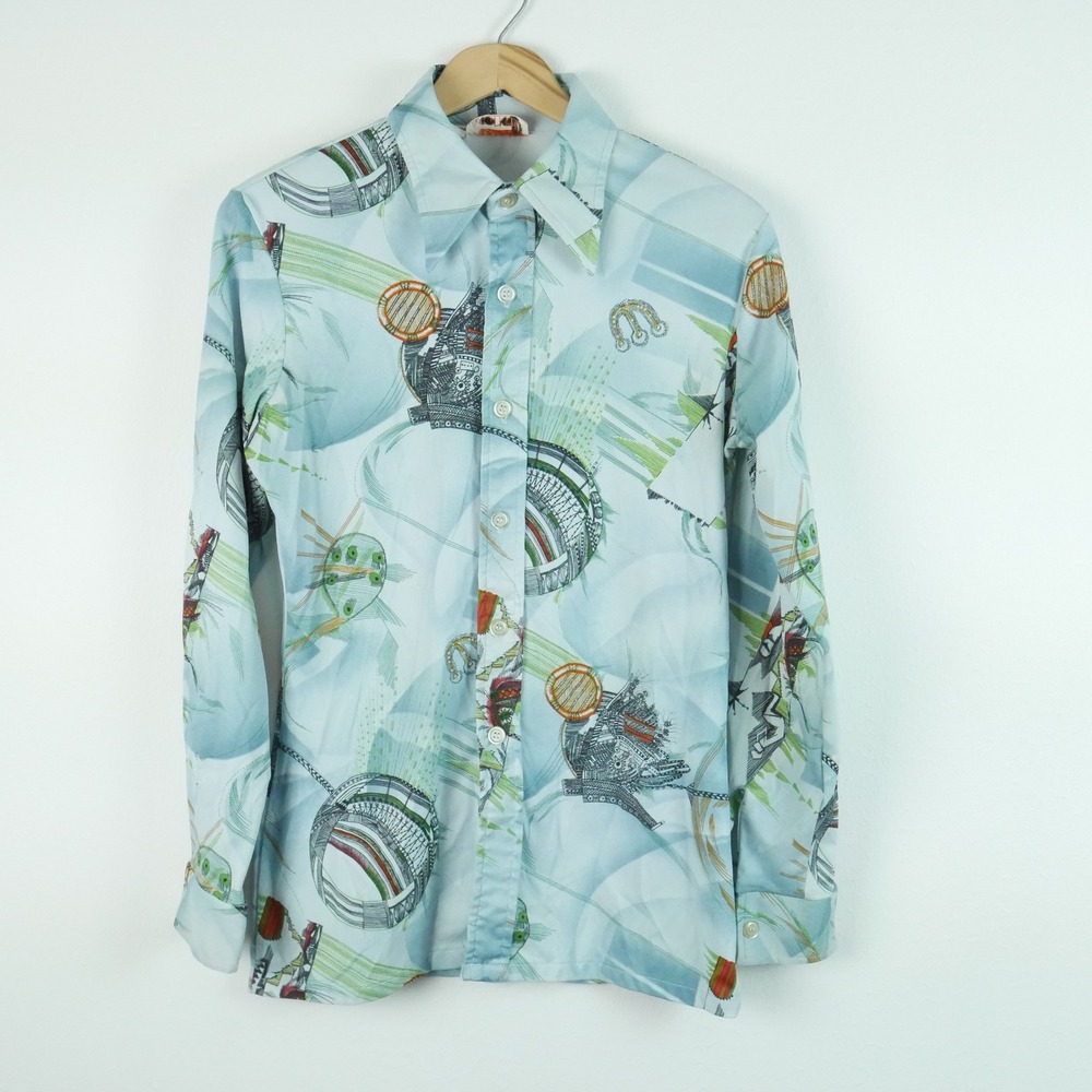 Vintage 70s Concept Space Age Psychedelic Print Shirt Mens M Disco Dagger Collar
